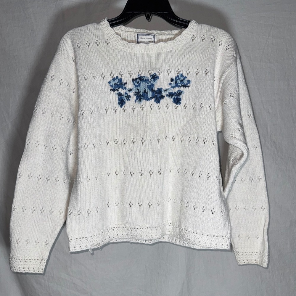 Gina‎ Peters Vintage White Pointelle Knit Floral Embroidered Sweater Womens M